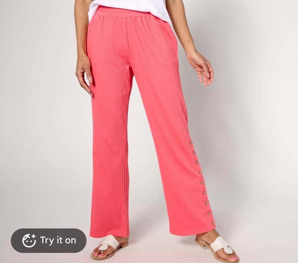 Belle by Kim Gravel Crinkle packable Pants with Button Detail Coral 3XP